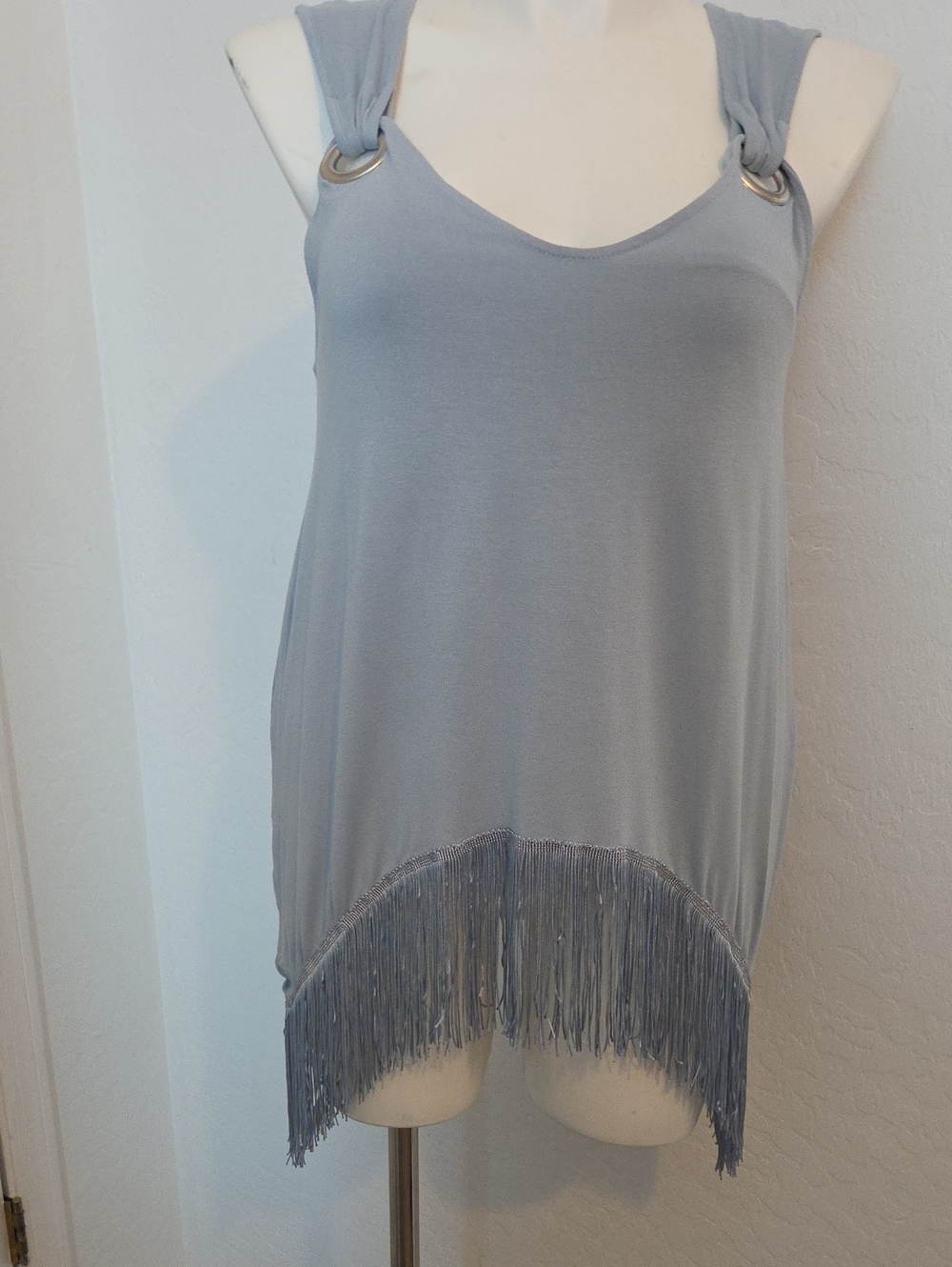 VENUS Light Gray Fringe Tank with Ring-Detail Straps